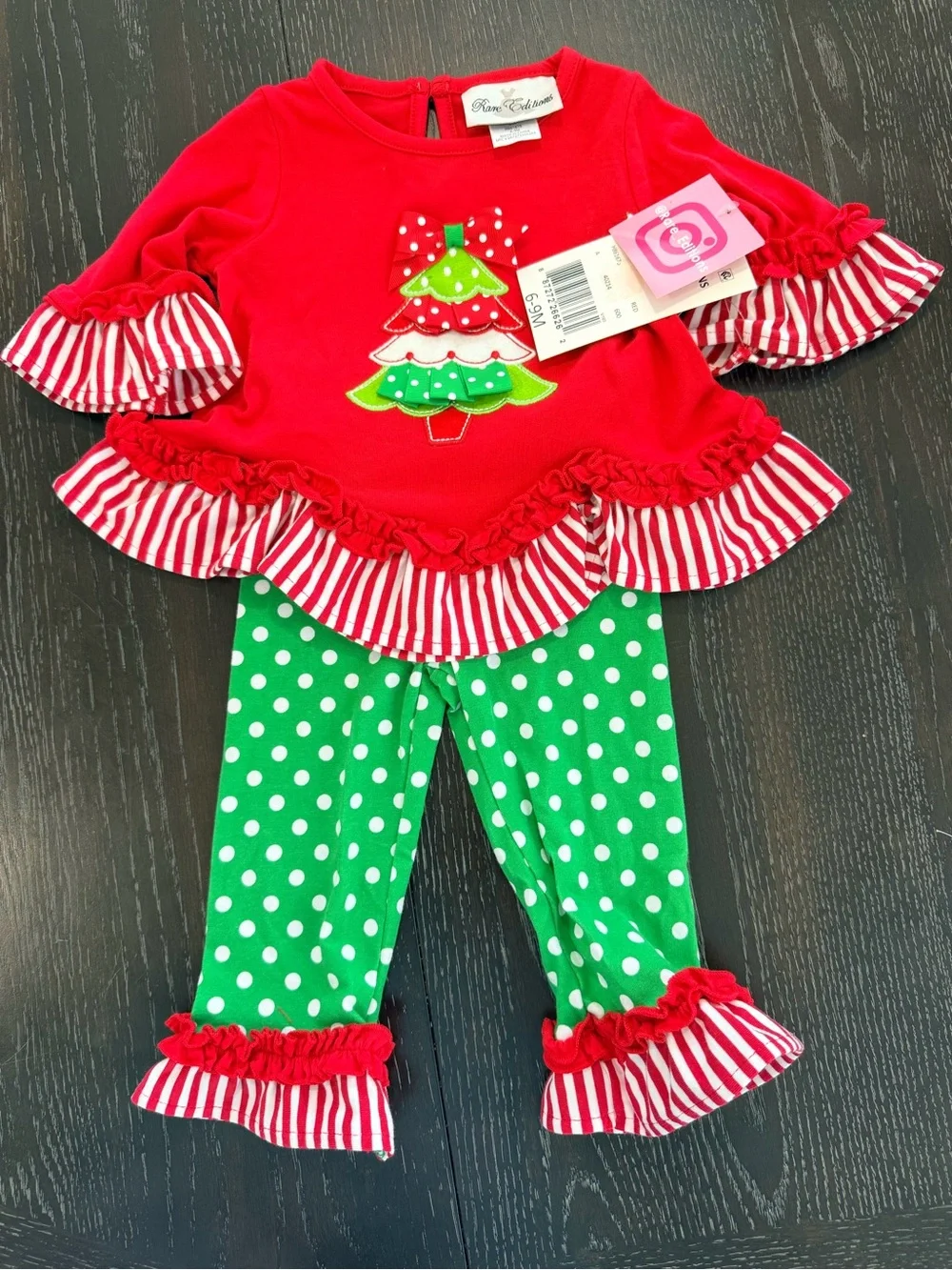 Rare Editions Red and Green Holiday Tree Top & Polka Dot Leggings Set 6-9M.